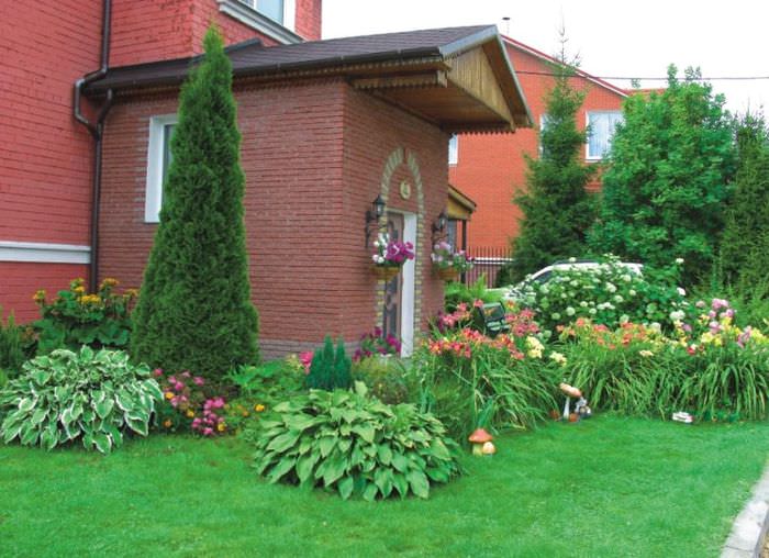 Дизайн газона перед домом с хвойниками